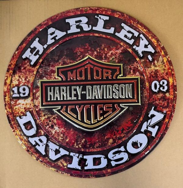 img 4604 - Harley Davidson - EMBOSSED METAL Sign - Stone Rust Round - 1903