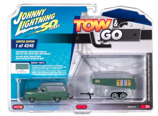 jltg002b2 - 1955 Ford Panel Truck in Sea Gaze Green & Metallic Dovetone Gray with Small Travel Trailer in White & Green