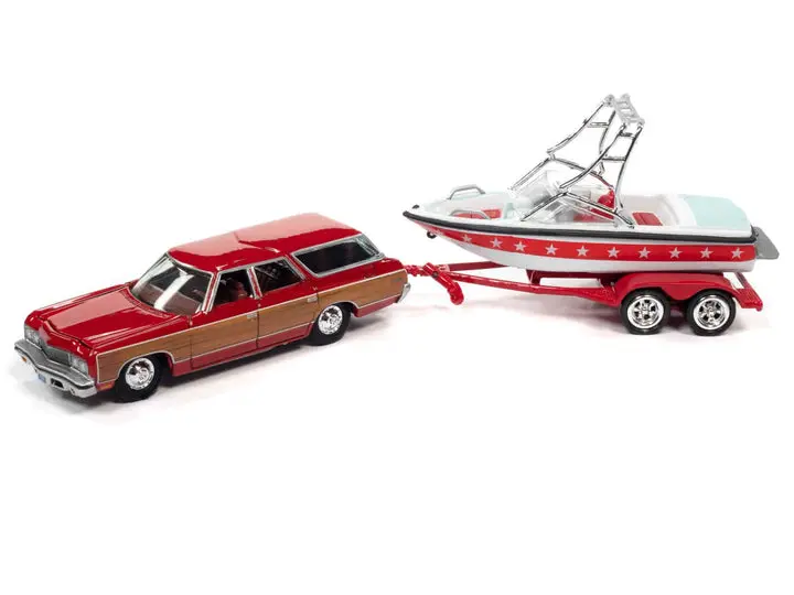 1973 CHEVY CAPRICE WAGON (RED WOODY, WHITE & RED) W/MASTERCRAFT BOAT AND  TRAILER