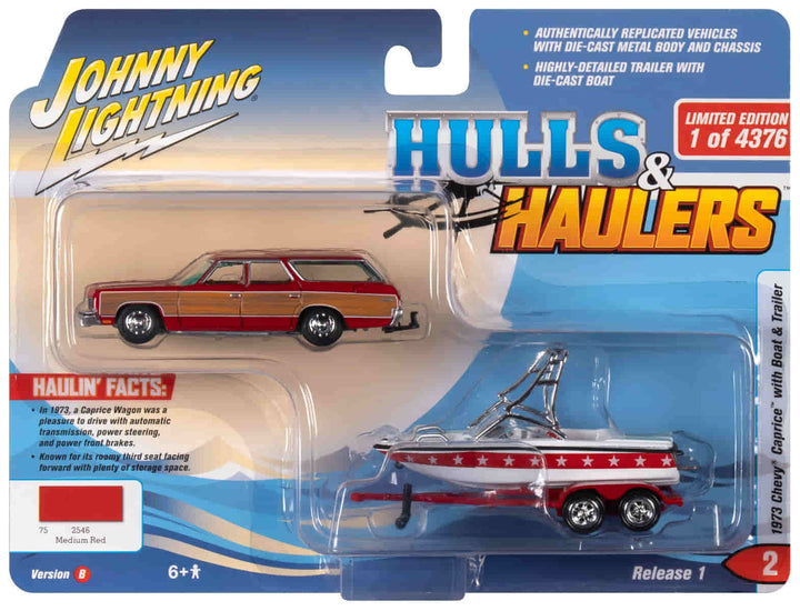 Johnny Lightning 1973 Chevrolet Caprice Wagon Medium Red with Woodgrain Sides with Mastercraft Boat and Trailer Limited Edition to 4376 Pieces