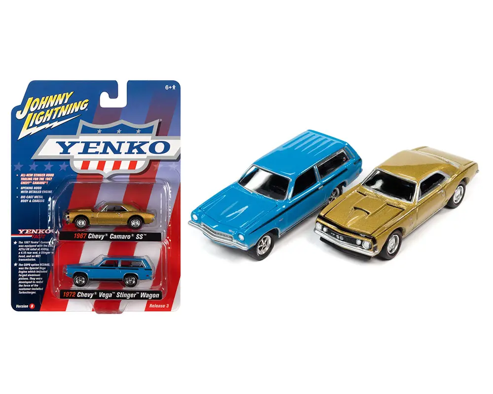 Johnny Lightning 1967 Chevrolet Camaro SS Royal Plum Metallic and 1972 Chevrolet Vega Stinger Wagon Dark Green Metallic Yenko Set of 2 Cars 1/64