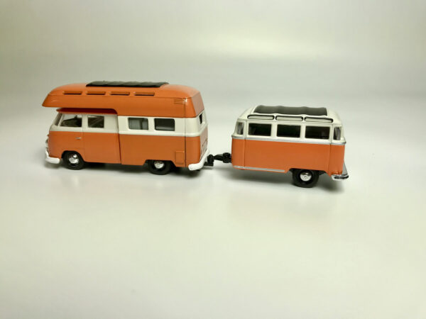 38100 mjs03 scaled - 1959 Volkswagen Double Cab Camper with Travel Trailer Orange and Cream by M2 Machines