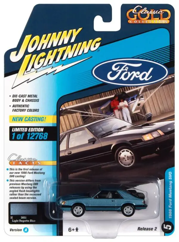 jlsp247a - 1986 FORD MUSTANG SVO (LIGHT REGATTA BLUE METALLIC) - JOHNNY LIGHTNING CLASSIC GOLD