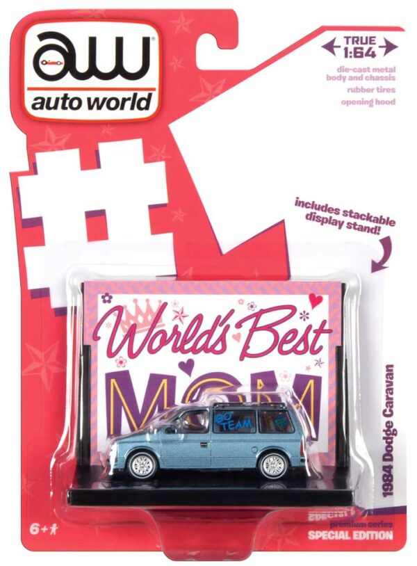 awac017a1 - WORLDS BEST MOM 1984 DODGE CARAVAN W/BASE & TRADING CARD (SILVER/BLUE)
