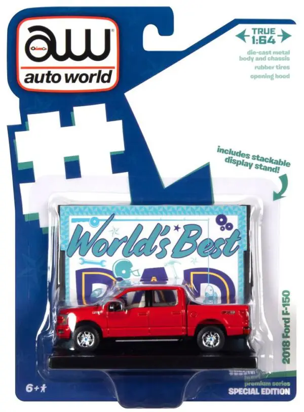 awac017b - WORLDS BEST DAD 2018 FORD F150 LARIAT PICKUP TRUCK W/BASE & TRADING CARD (RED)