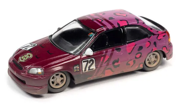jlsp232 b - 1998 Honda Civic in Magenta Metallic with Fuchsia Leopard Print and Road Dust Effect - 24 Hours of Lemons