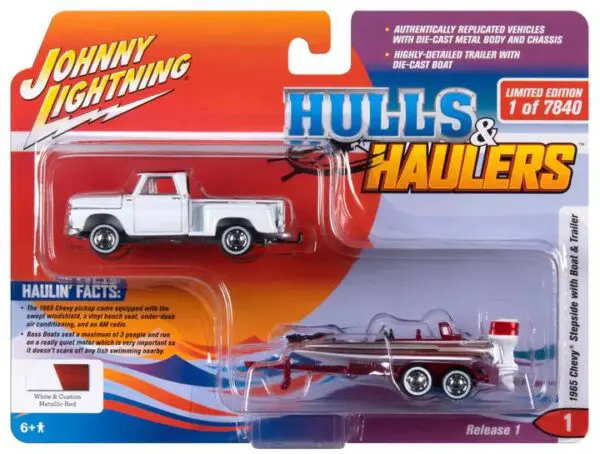 jlbt019 1a - 1965 CHEVY STEPSIDE PICKUP W/BASS BOAT AND TRAILER - JOHNNY LIGHTNING