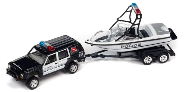 jlsp352a - 1988 Jeep Cherokee with Mastercraft Boat and Light Bar in Dark Montego Blue
