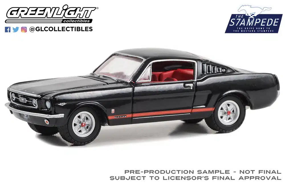 1965 Ford Mustang GT in Raven Black with Red Stripes | Diecast Depot