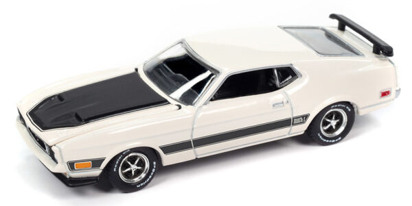 awsp144 b - 1973 Ford Mustang Mach 1 in Pearl White Poly with Black Hood and Side Stripes