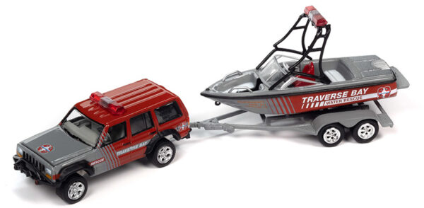 jlsp352 b - Traverse Bay Water Rescue - 1988 Jeep Cherokee with Mastercraft Boat and Light Bar in Flame Red