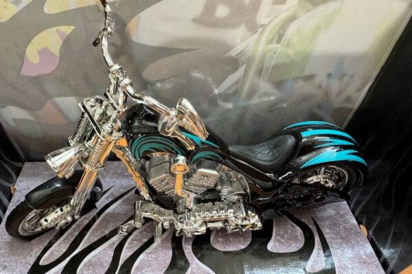 img 3342 - IRON CHOPPERS - 1:18 SCALE - BLACK WITH TURQUOISE GRAPHICS - DIECAST METAL AND PLASTIC