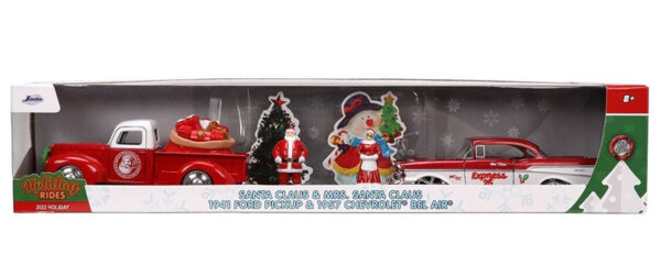 34441c - 1941 Ford Pickup and 1957 Chevrolet Bel Air with Santa and Mrs Claus Figures 2022 Christmas Holiday Gift Set