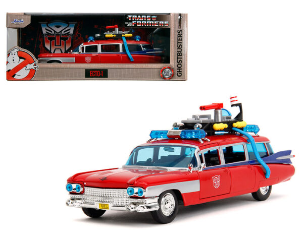 35466 - Ghostbusters x Transformers Ecto-1 with Optimus Prime Graphics – Red with Autobots Logo – Hollywood Rides
