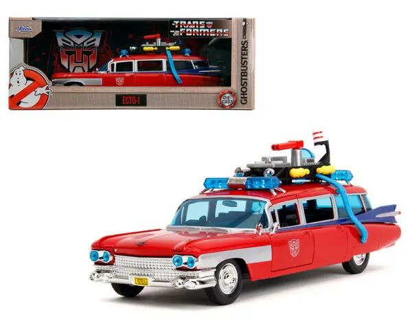 Ghostbusters x Transformers Ecto 1 with Optimus Prime Graphics Red with Autobots Logo Hollywood Rides Diecast Depot