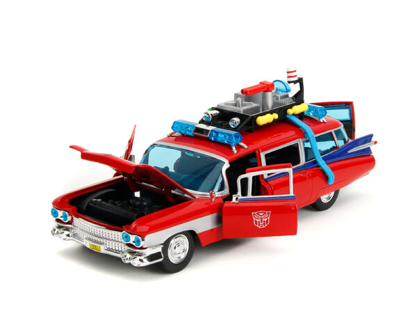 35466a - Ghostbusters x Transformers Ecto-1 with Optimus Prime Graphics – Red with Autobots Logo – Hollywood Rides