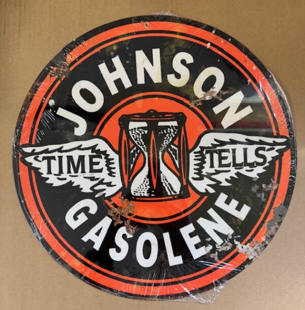 img 4588 - JOHNSON TIME TELLS GASOLENE HEAVY GAUGE METAL SIGN (RUSTIC LOOKING)