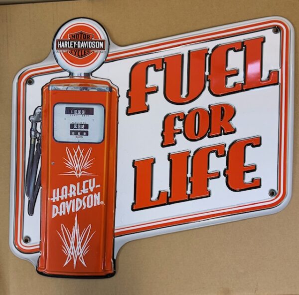 img 4613 1 - HARLEY DAVIDSON MOTORCYCLES - FUEL FOR LIFE - EMBOSSED METAL WITH GAS PUMP