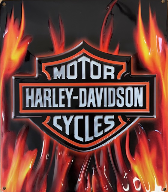 HARLEY DAVIDSON MOTORCYCLES EMBOSSED METAL SIGN WITH FLAMES | Diecast Depot