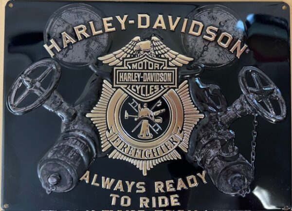 img 4615 1 - HARLEY DAVIDSON MOTORCYCLES EMBOSSED METAL SIGN FIRE FIGHTER