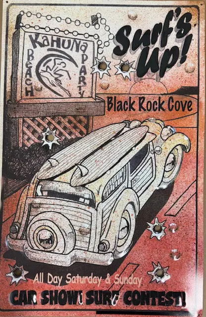 img 4616 1 - BLACK ROCK COVE CAR SHOW SURF CONTEST - METAL SIGN W/BULLIT HOLES