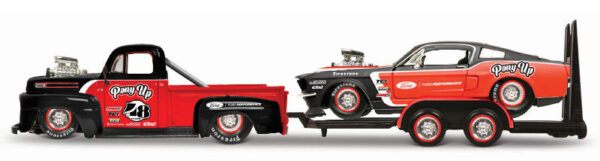 32751 - 1948 Ford F1 Pickup in Red and Black with Flatbed Trailor Hauling a 1967 Ford Mustang GT in Red and Black with Pony Up Graphics - Elite Transport Series