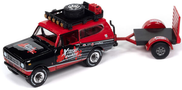 jlsp378 - Xtreme Quads - 1979 International Scout with Open Trailer in Red and Black