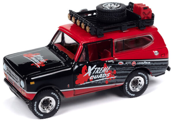 v1 jlsp378 - Xtreme Quads - 1979 International Scout with Open Trailer in Red and Black