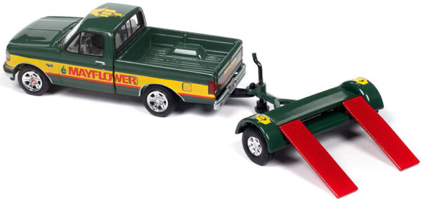 v5 jlsp379 - Mayflower - 1993 Fird F-150 Truck with Tow Dolly in Dark Green and Yellow