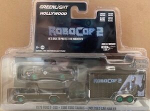 1979 Ford F-150 Pickup with 1986 Ford Taurus Detroit Metro West Police in Enclosed Car Hauler RoboCop 2 (1990)- GREEN MACHINE VERSION