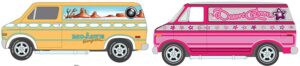 1976 Dodge Tradesman Van in Sand Yellow Metallic with "Mojave Bungalo" Decoration • 1975 Chevy G20 Van in Metallic Hot Pink Magenta with "Desert Rose" Decoration