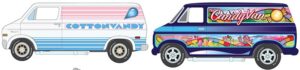 1976 Dodge Tradesman Van in Dirty White with "CottonVandy" Decoration • 1975 Chevy G20 Van in Metallic Dark Purple with "Candy Van" Decoration
